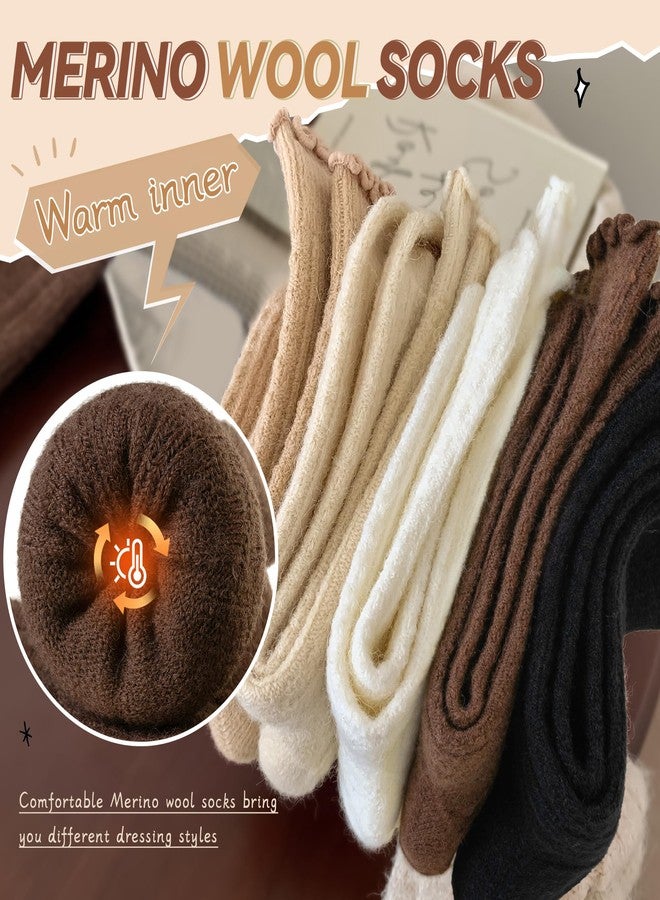 Eyean Womens Merino Wool Ruffle Socks Knit Warm Boot Winter Cozy Thermal Hiking Dress Crew Frilly Socks 5 Pairs (Beige White Khaki) - Image 3